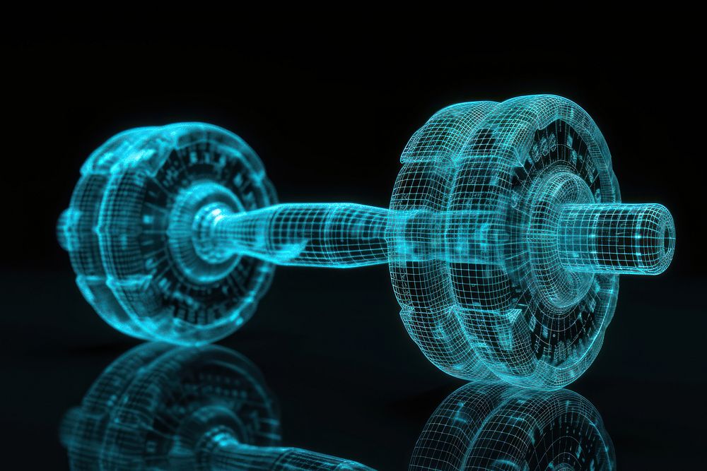 Glowing wireframe of dumbbell futuristic black background technology.