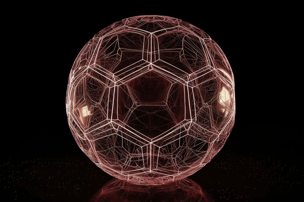 Glowing wireframe of football sphere sports black background.