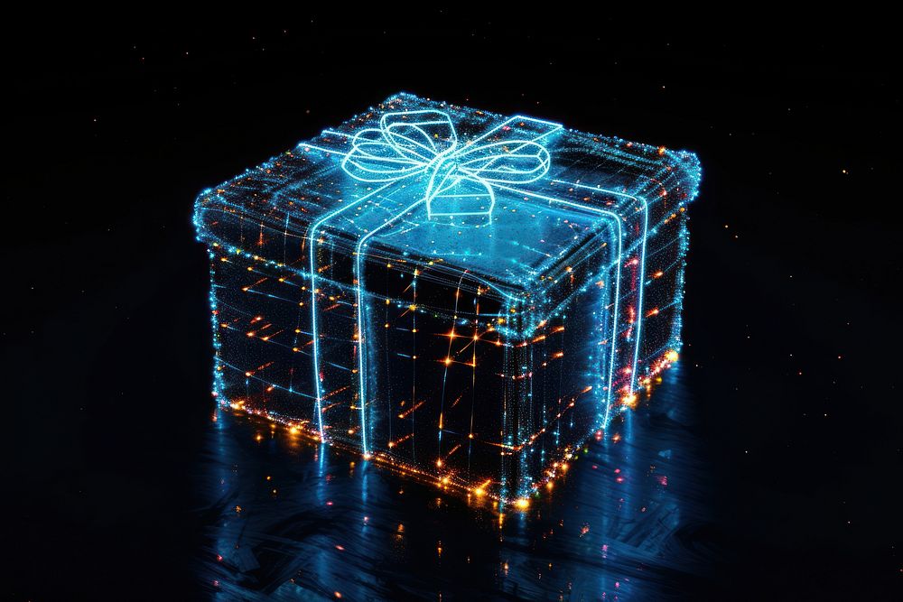 Glowing wireframe of gift box futuristic black background illuminated.
