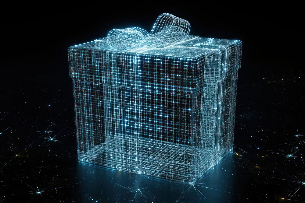Glowing wireframe of gift box futuristic black background architecture.