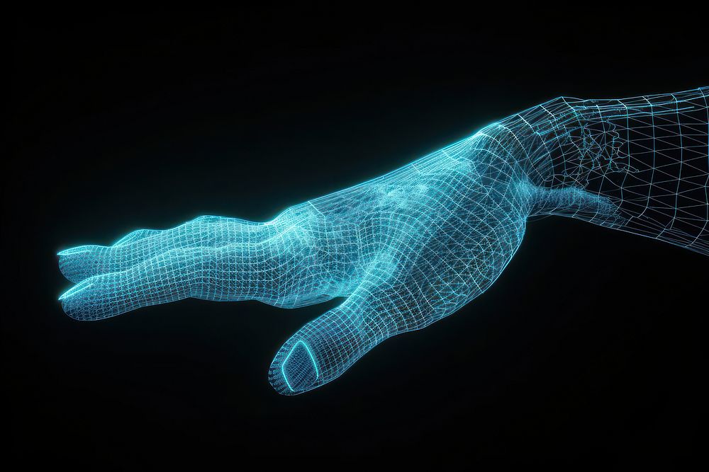 Glowing wireframe of hand futuristic black background technology.