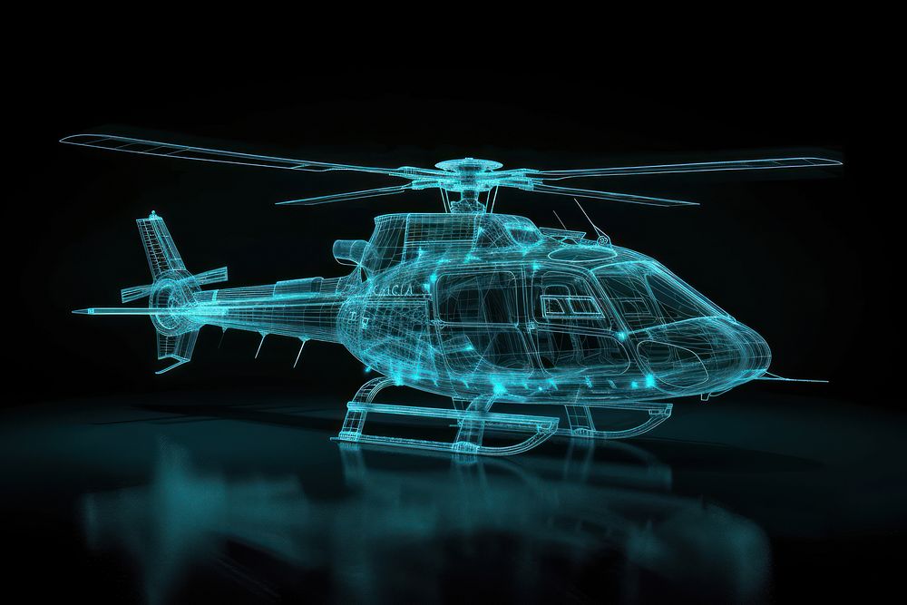 Glowing wireframe of helicopter aircraft airplane vehicle.