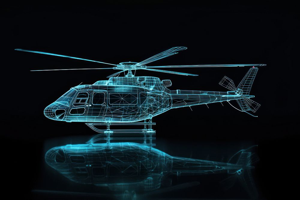 Glowing wireframe of helicopter aircraft vehicle black background.