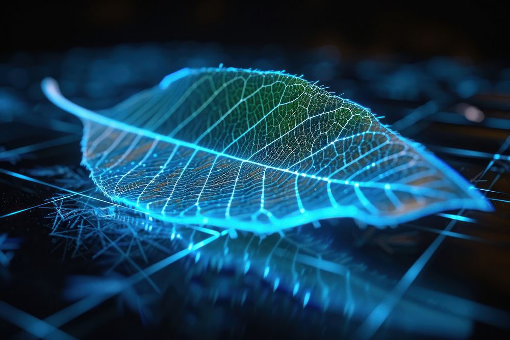 Glowing wireframe of leaf futuristic outdoors nature.