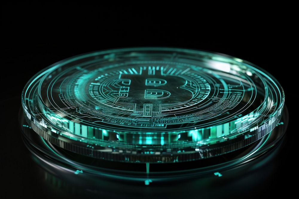 Glowing wireframe of money coin black background illuminated technology.