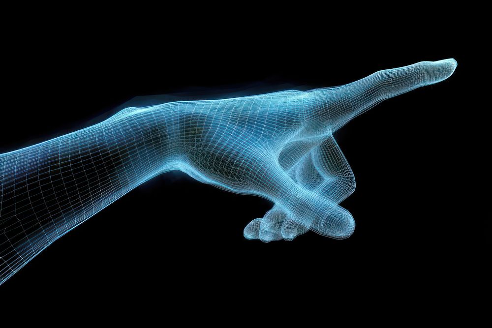 Glowing wireframe of pointing hand futuristic finger black background.