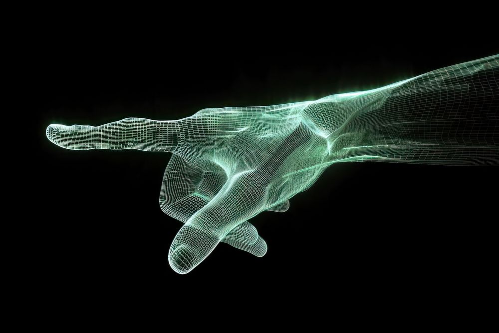 Glowing wireframe of pointing hand futuristic black background technology.