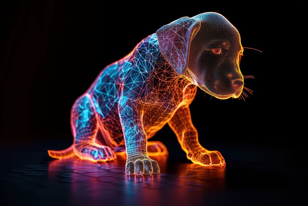 Glowing wireframe of puppy futuristic animal black background.