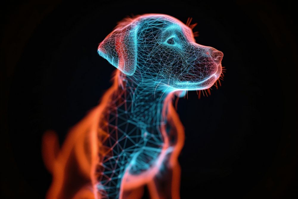 Glowing wireframe of puppy futuristic animal fire.