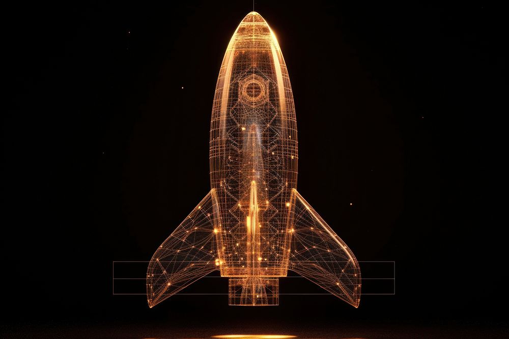 Glowing wireframe of rocket aircraft vehicle black background.