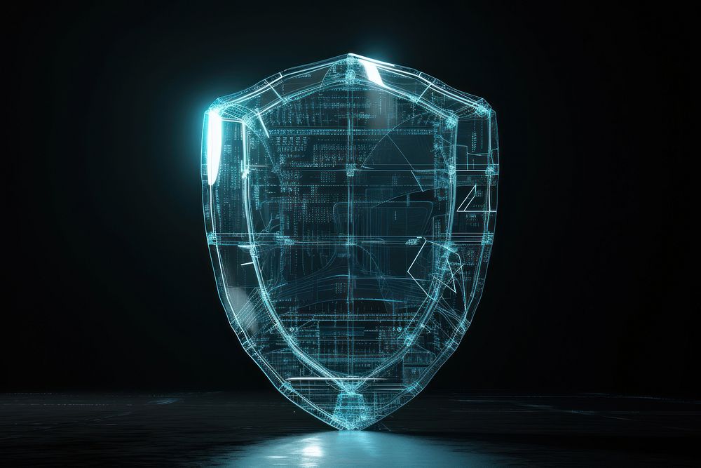 Glowing wireframe of shield night illuminated protection.