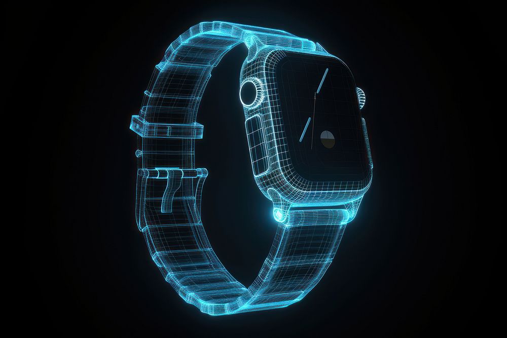 Glowing wireframe of smart watch futuristic night black background.