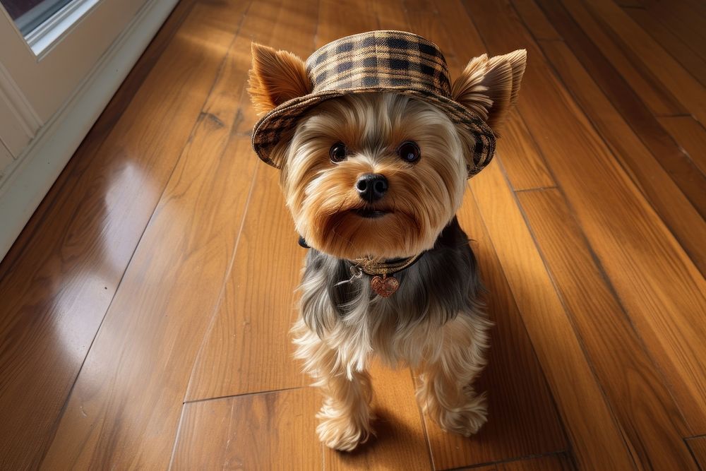Yorkie with hat looking up at camera animal pet flooring.