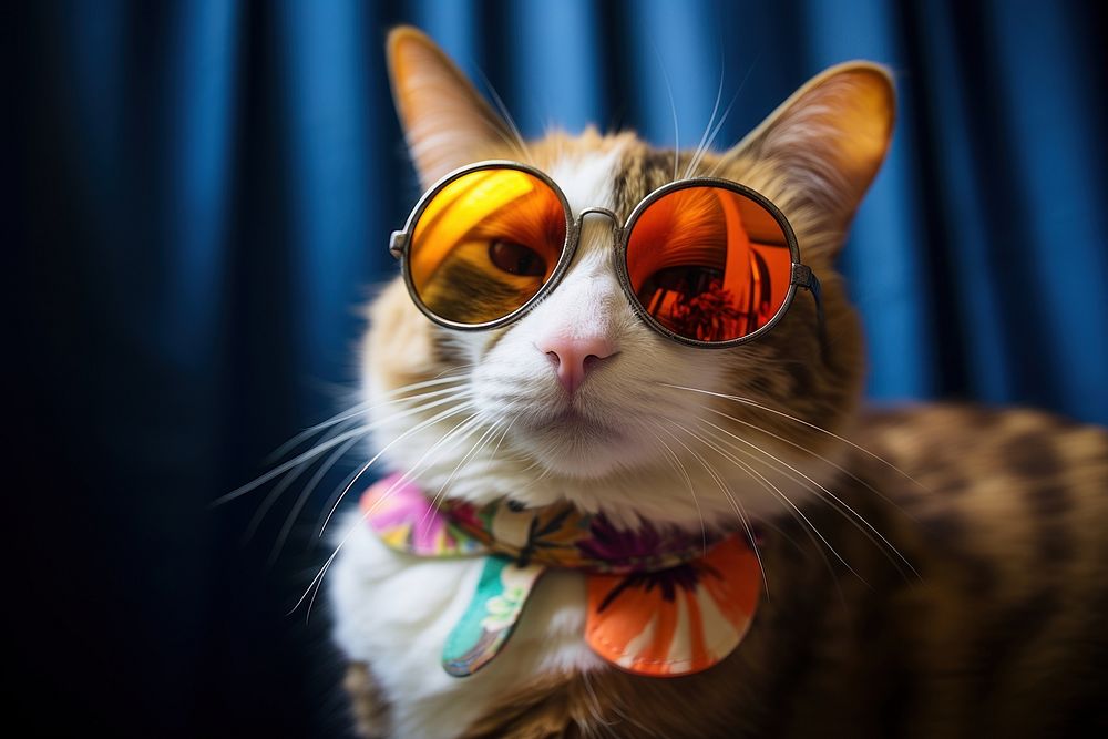Calico wears sunglasses looking up at camera photography animal mammal.