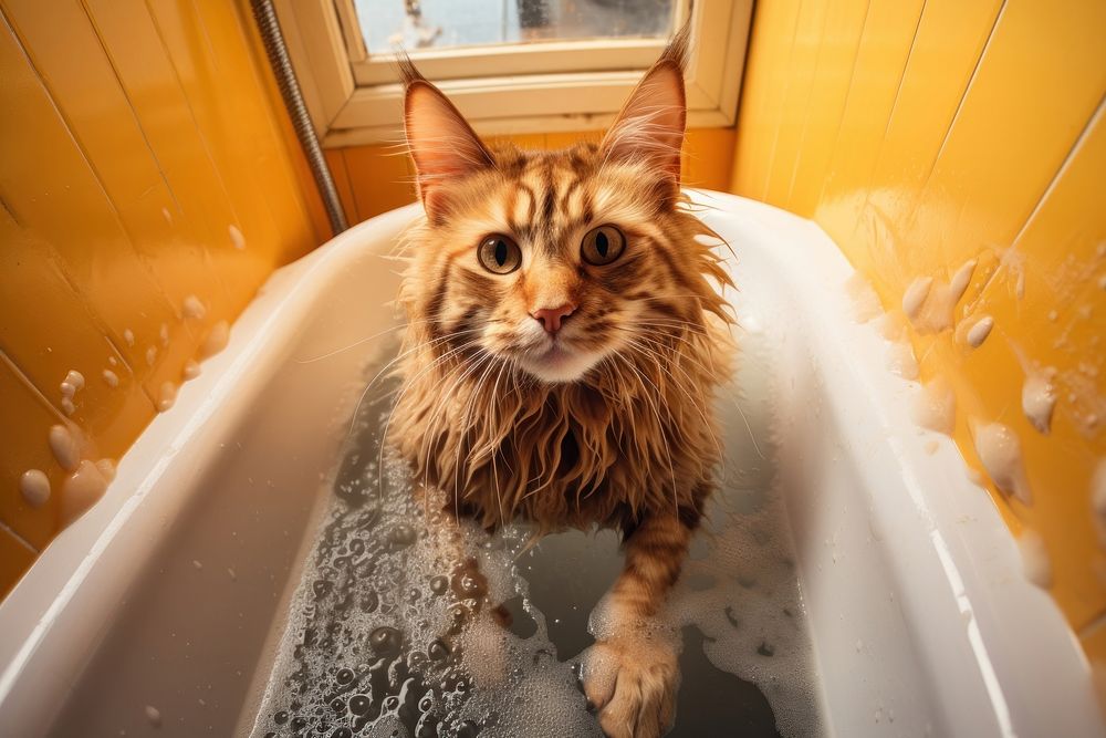 Cat looking up at camera in bathtub animal pet mammal.