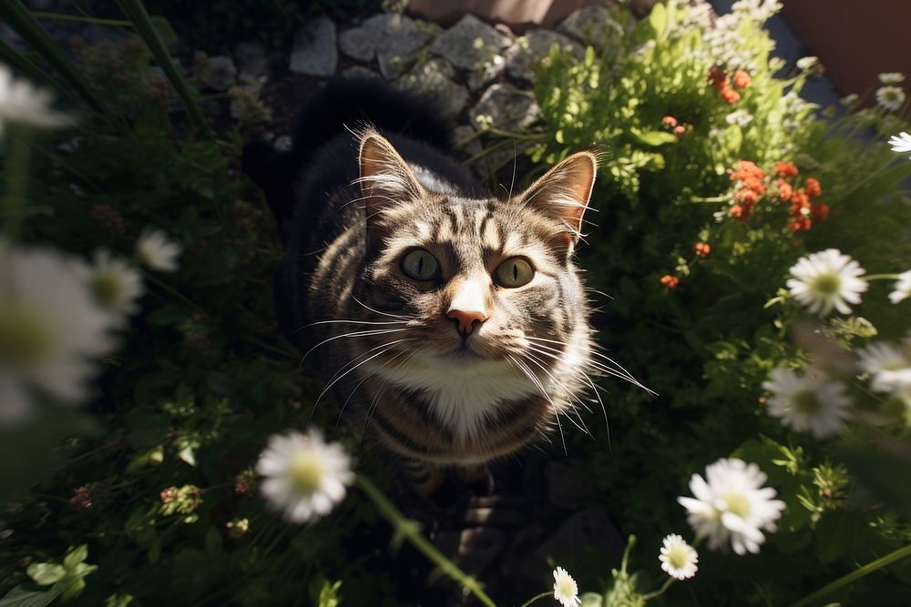 Cat with a cone collar looking up at camera in garden animal pet photography.