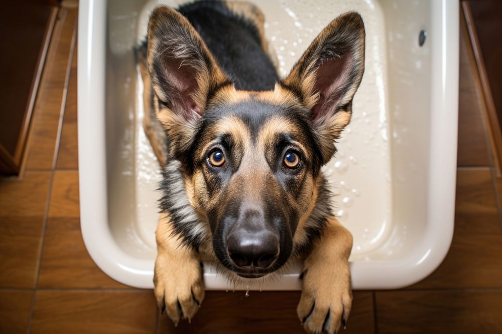 German shepherd looking up at camera in bathtub animal pet mammal.