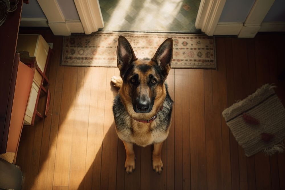 German shepherd looking up at camera in shwoer room animal pet flooring.