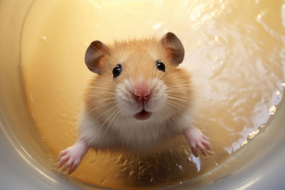 Hamster looking up at camera in bathtub animal mammal rodent.