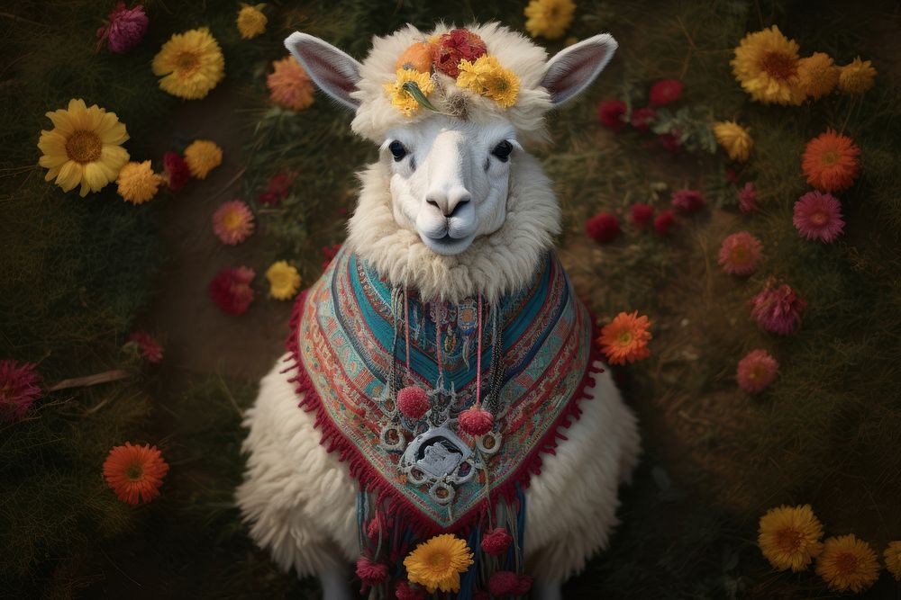 Lama with traditional decoration looking up at camera on meadow animal livestock mammal.