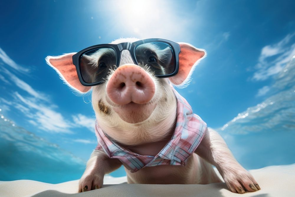 Pig wears sunglasses looking up at camera mammal animal carnivora.
