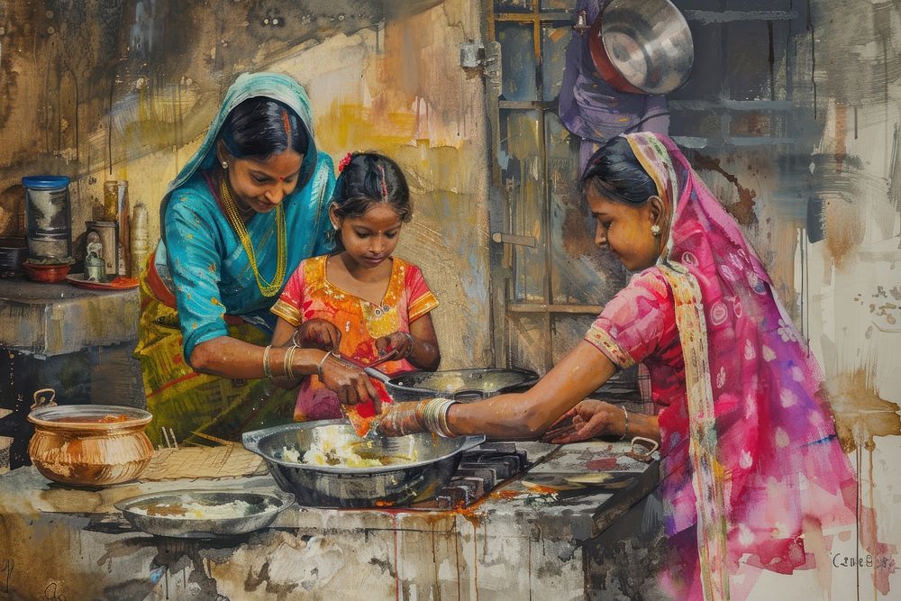 Indian mother helping a little girl cook food kitchen adult togetherness.