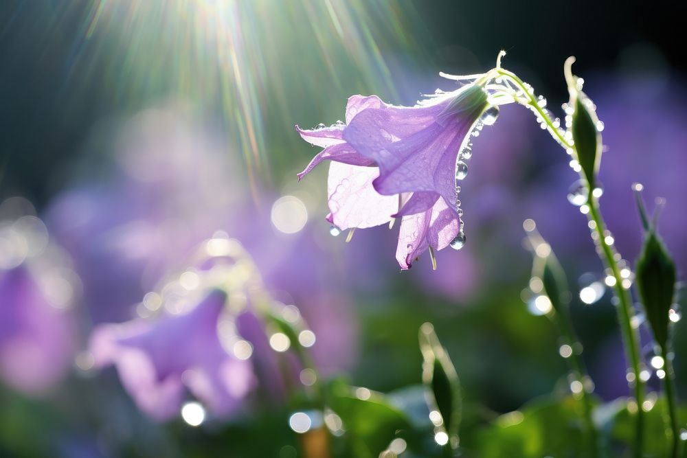 Little bellflower with dew nature sunlight outdoors.