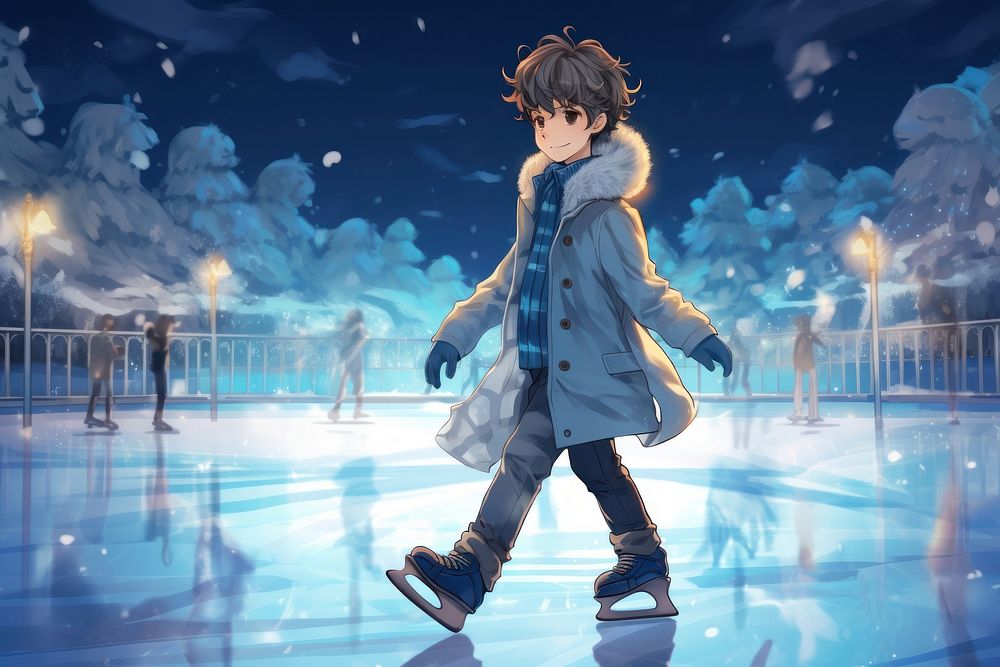 Ice skating anime blue architecture.