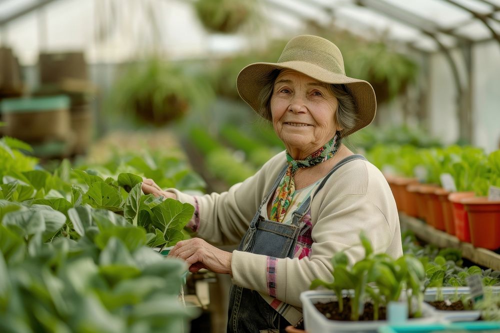 Senior farmer woman standing in a greenhouse plant gardening vegetable.