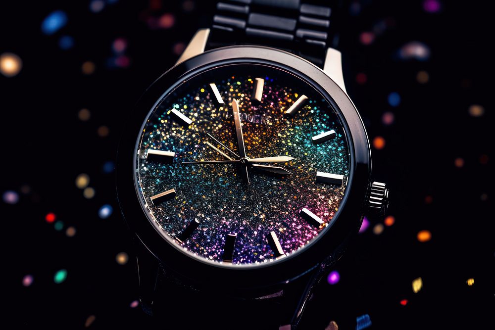 Watch wristwatch glitter black background.