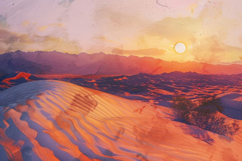 Sunrise over the sand dunes desert landscape mountain.