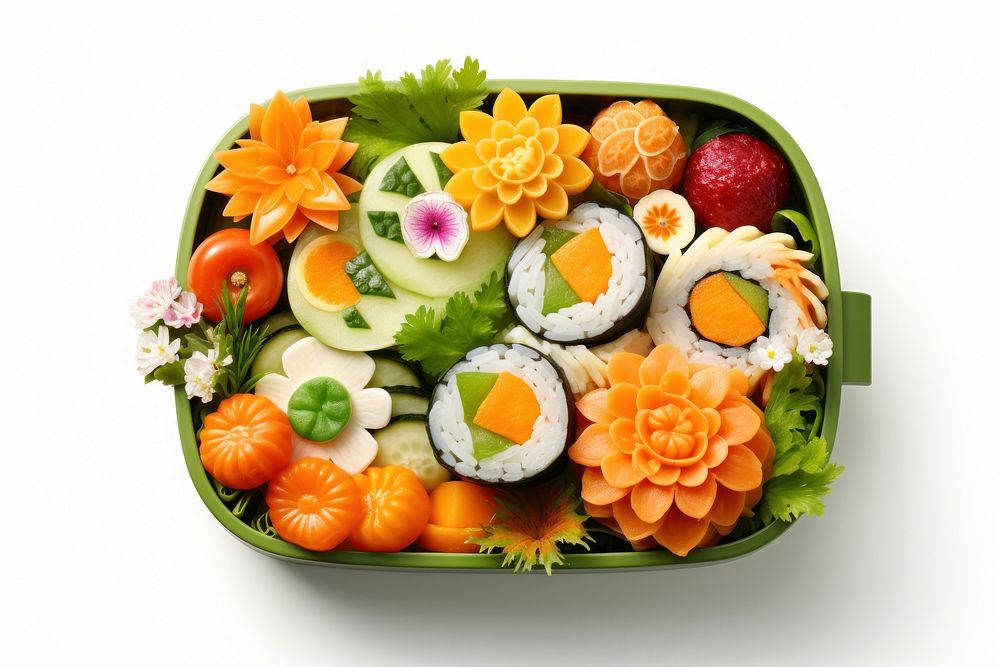 Cute bento box food decoration sushi lunch fruit.
