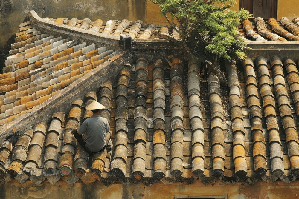 A man repair of tiles on the roof architecture building house.