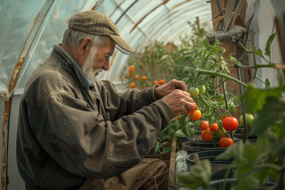 Old man cultivating tomatoes inside a greenhouse gardening adult concentration.