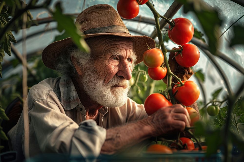Old man cultivating tomatoes inside a greenhouse gardening outdoors portrait.