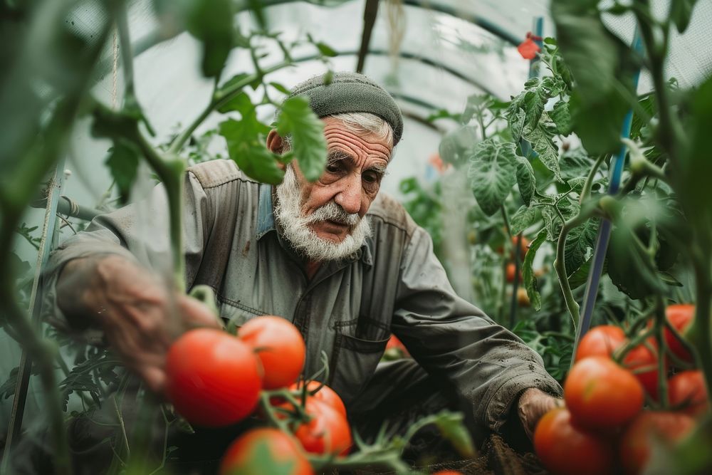 Old man cultivating tomatoes inside a greenhouse gardening outdoors adult.