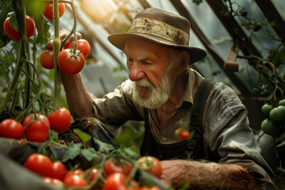 Old man cultivating tomatoes inside a greenhouse gardening outdoors adult.