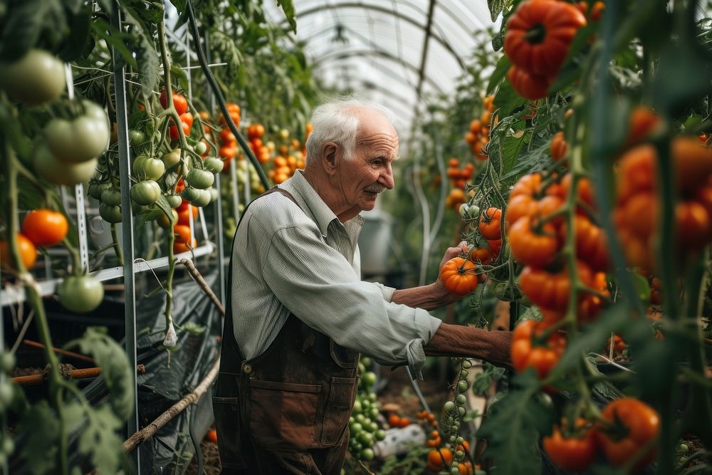 Old man cultivating tomatoes inside a greenhouse gardening adult agriculture.