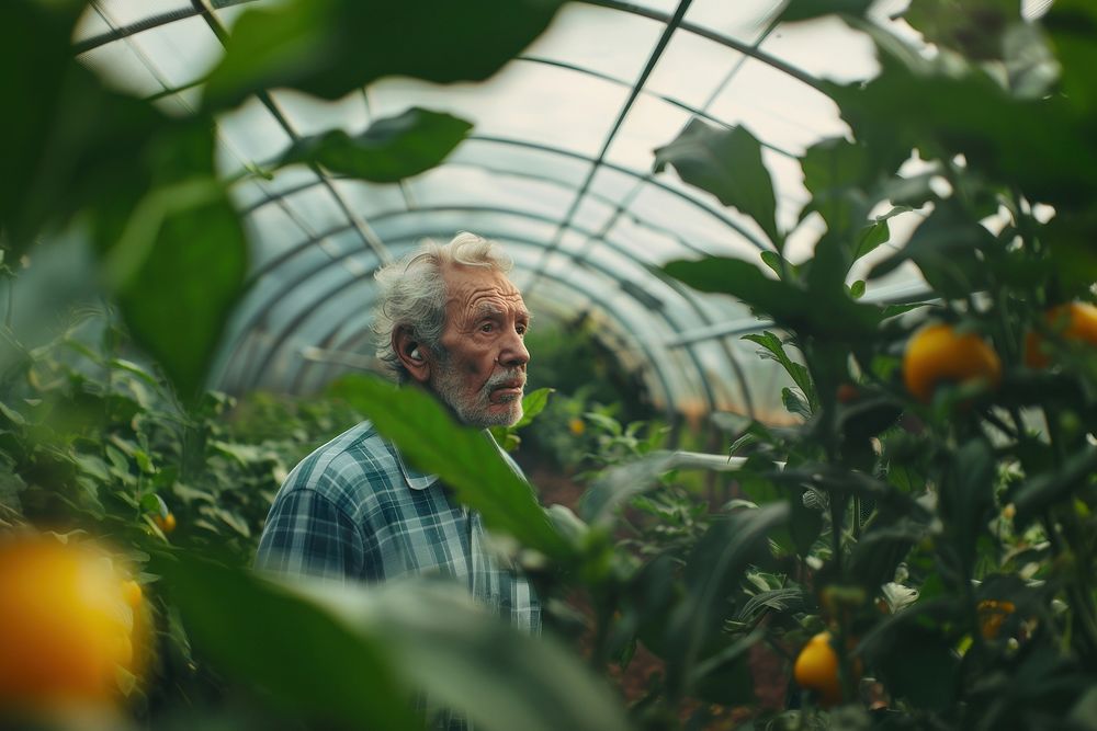 Old man looking young plant inside a greenhouse agriculture gardening landscape.