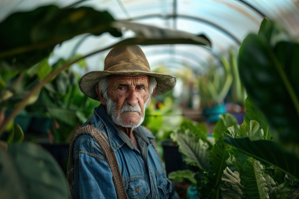 Old man looking young plant inside a greenhouse agriculture gardening outdoors.
