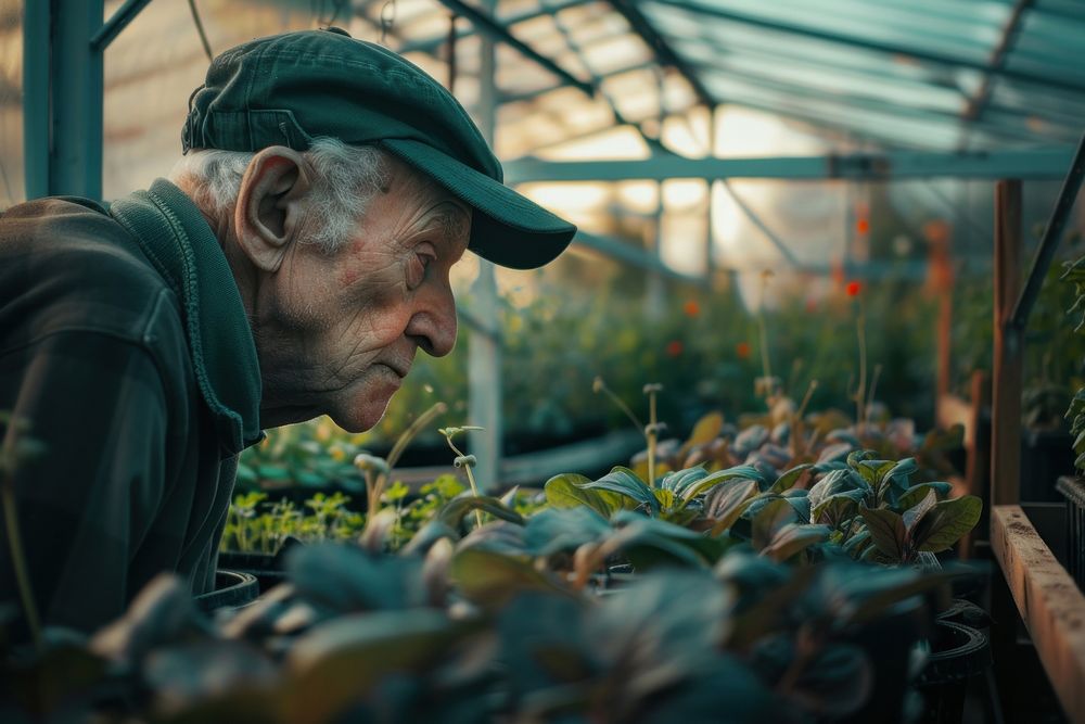 Old man looking young plant inside a greenhouse agriculture gardening outdoors.