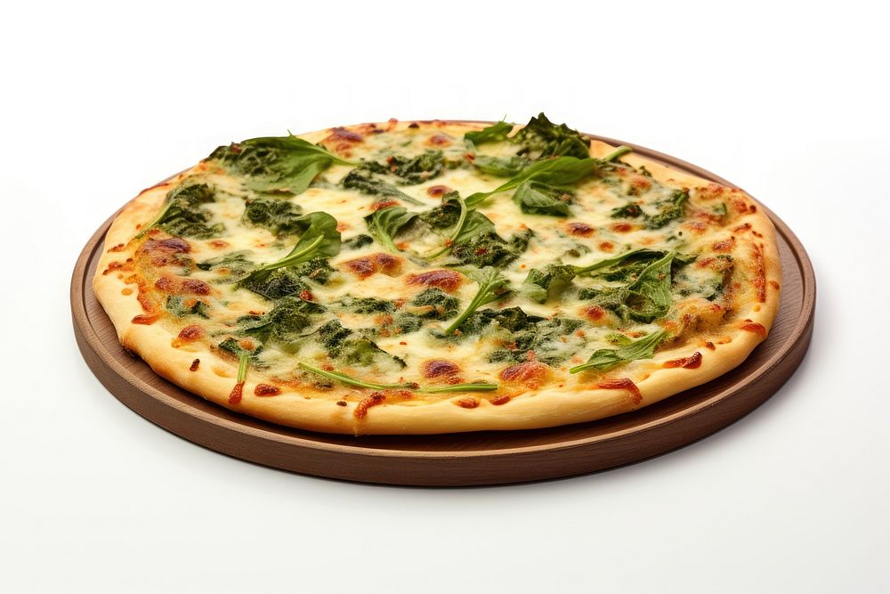 Baby spinach pizza vegetable food white background.