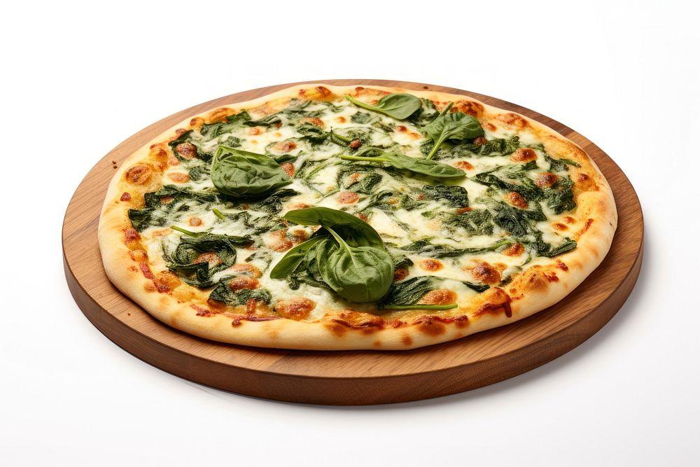 Baby spinach pizza vegetable food white background.