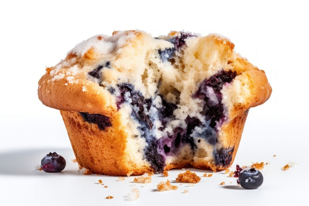 Bitten blueberry muffin dessert fruit food.