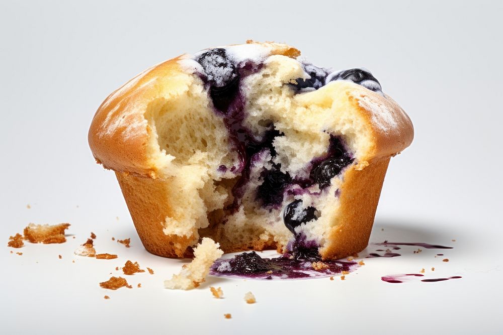 Bitten blueberry muffin dessert food breakfast.