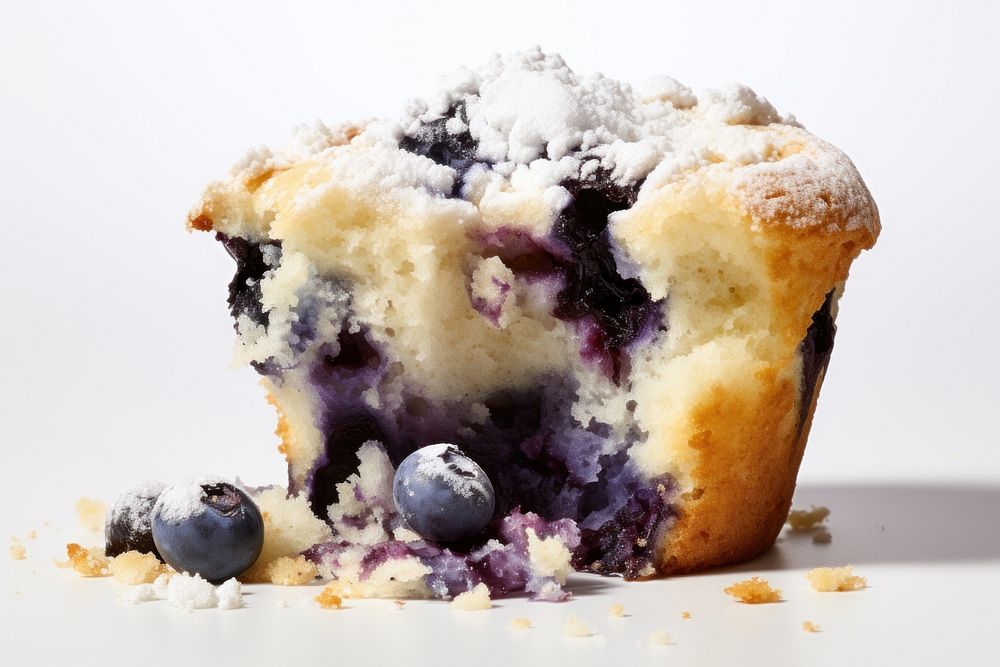 Bitten blueberry muffin dessert fruit food.