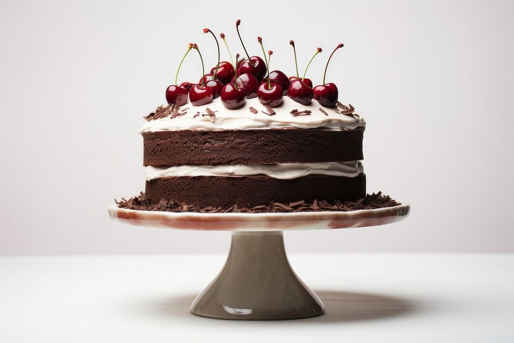 Black forest cake on a cake stand dessert cream fruit.