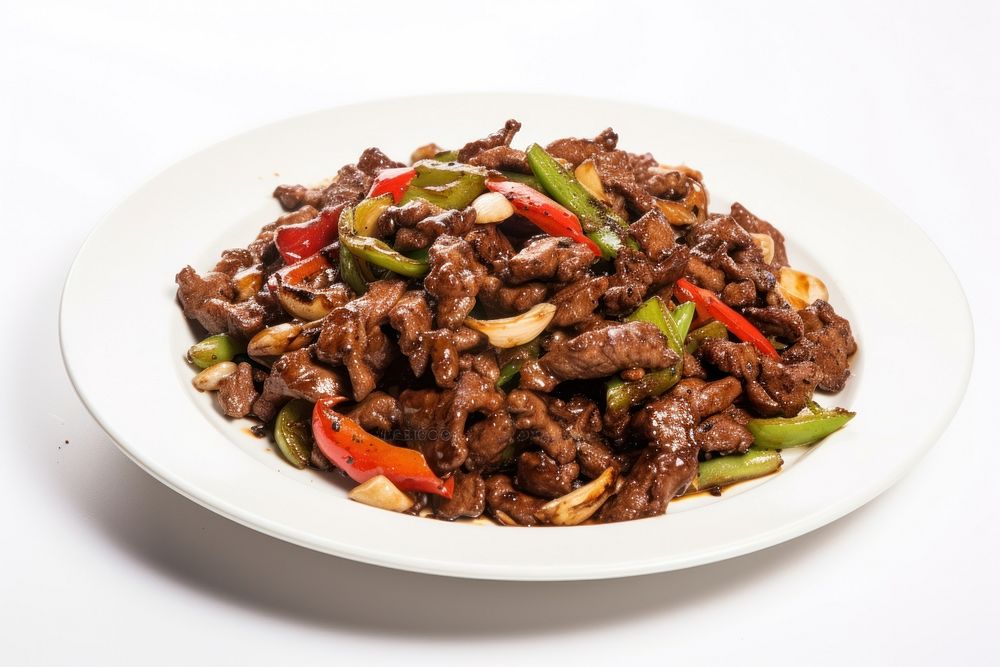 Black pepper beef stir fry plate food meat.