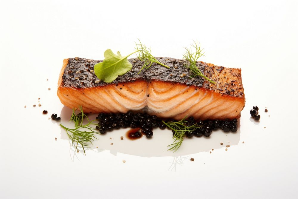 Black pepper salmon seafood meat white background.