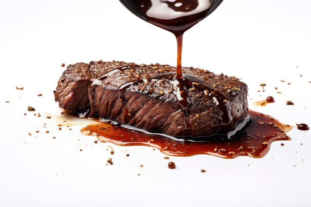Black pepper sauce drizzle on cooked steak meat food white background.